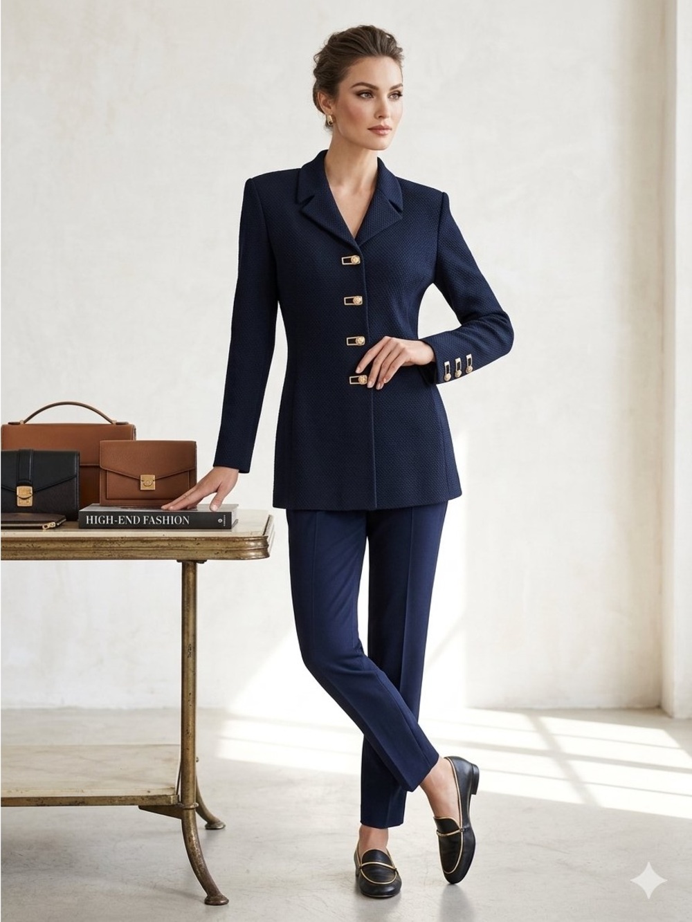 St. John Sport Knit Blazer Jacket Navy Black Gold Accent Buttons Vintage Coat M